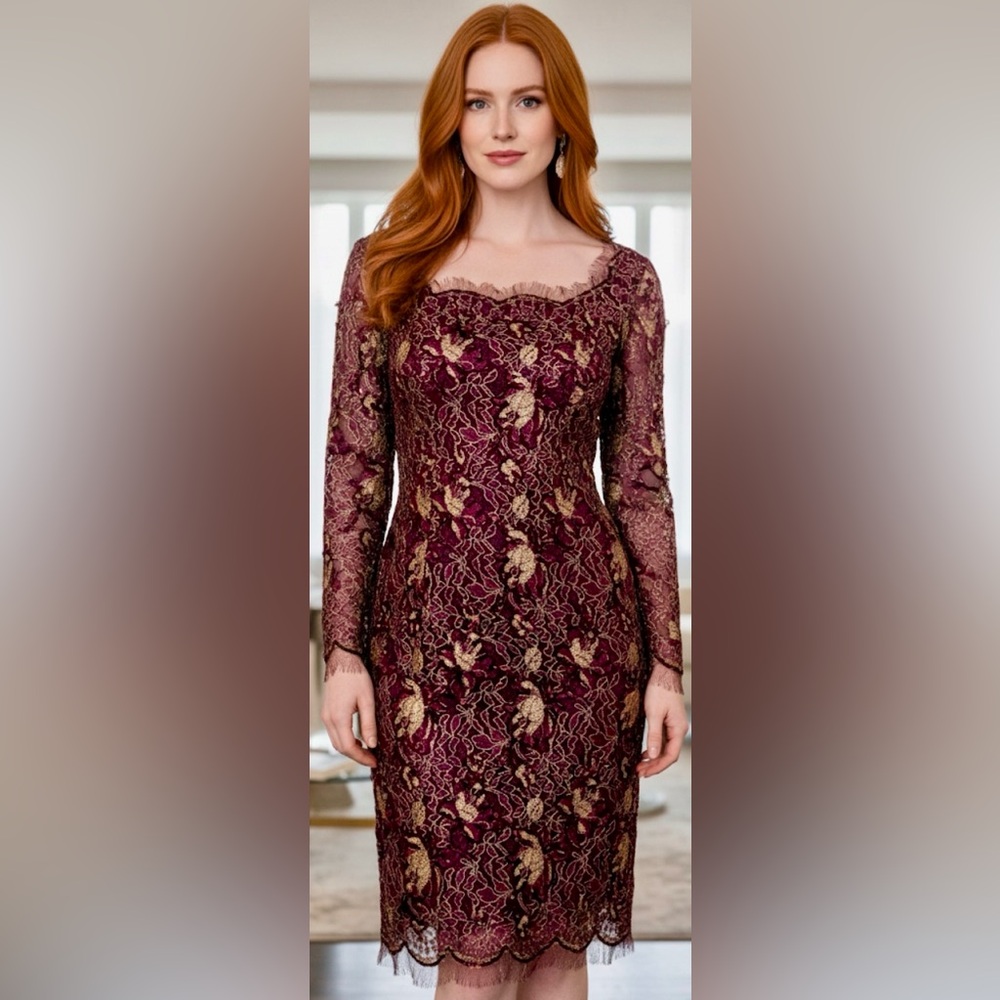 CUSTOM 90’s Vintage Burgundy Raw Edge Lace Sequins Silk Lined Cocktail Dress 4